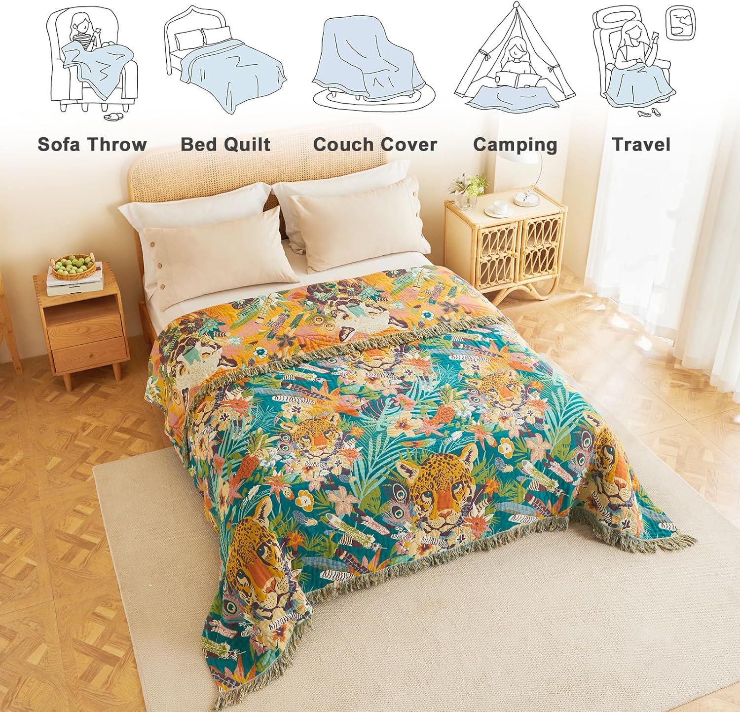 MSGKV Throw Blanket for Couch Bed Cotton Leopard Animals Twin Size Blanket 60"x80" Muslin Breathable All Seasons Lightweight Farmhouse Blankets - Image 5