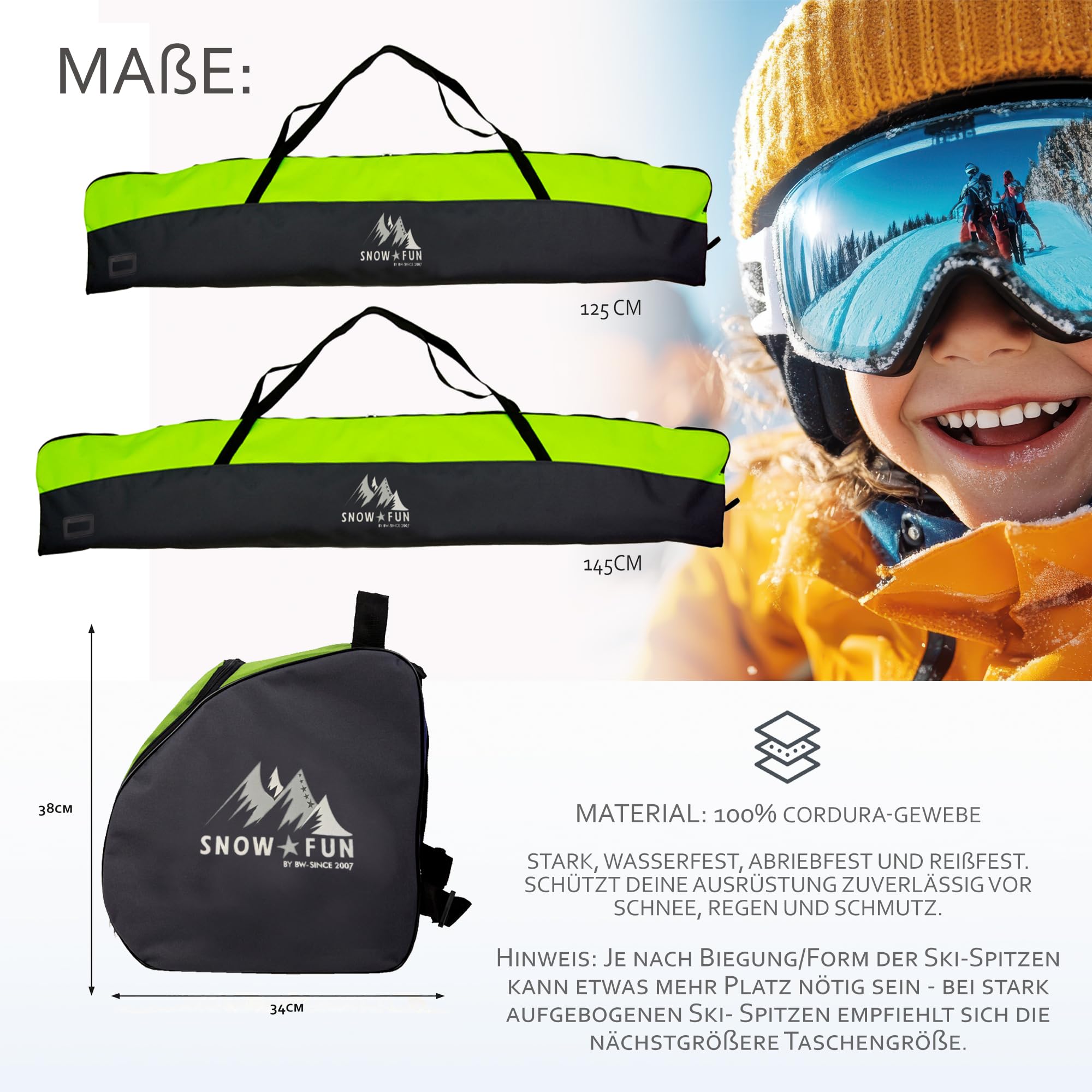 BambiniWelt Kinder Ski Set 125 cm Skitasche & Skischuhtasche Cordura, wasserdicht Skischuhrucksack Helmfach & Skibrillenfach – Skischule & Wintersport