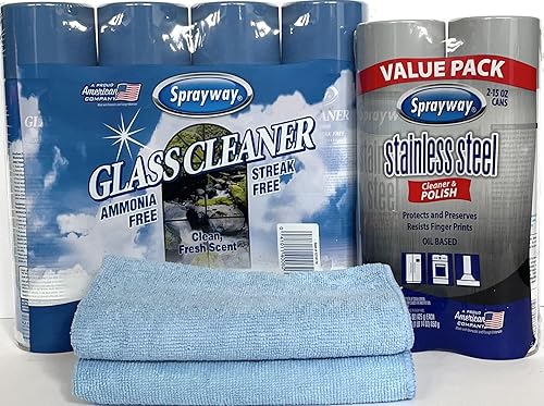 El paquete perfecto 4 latas grandes de limpiador de vidrio de sprayway, 23 onzas cada lata y 2 latas de limpiador de acero inoxidable Sprayway, 15