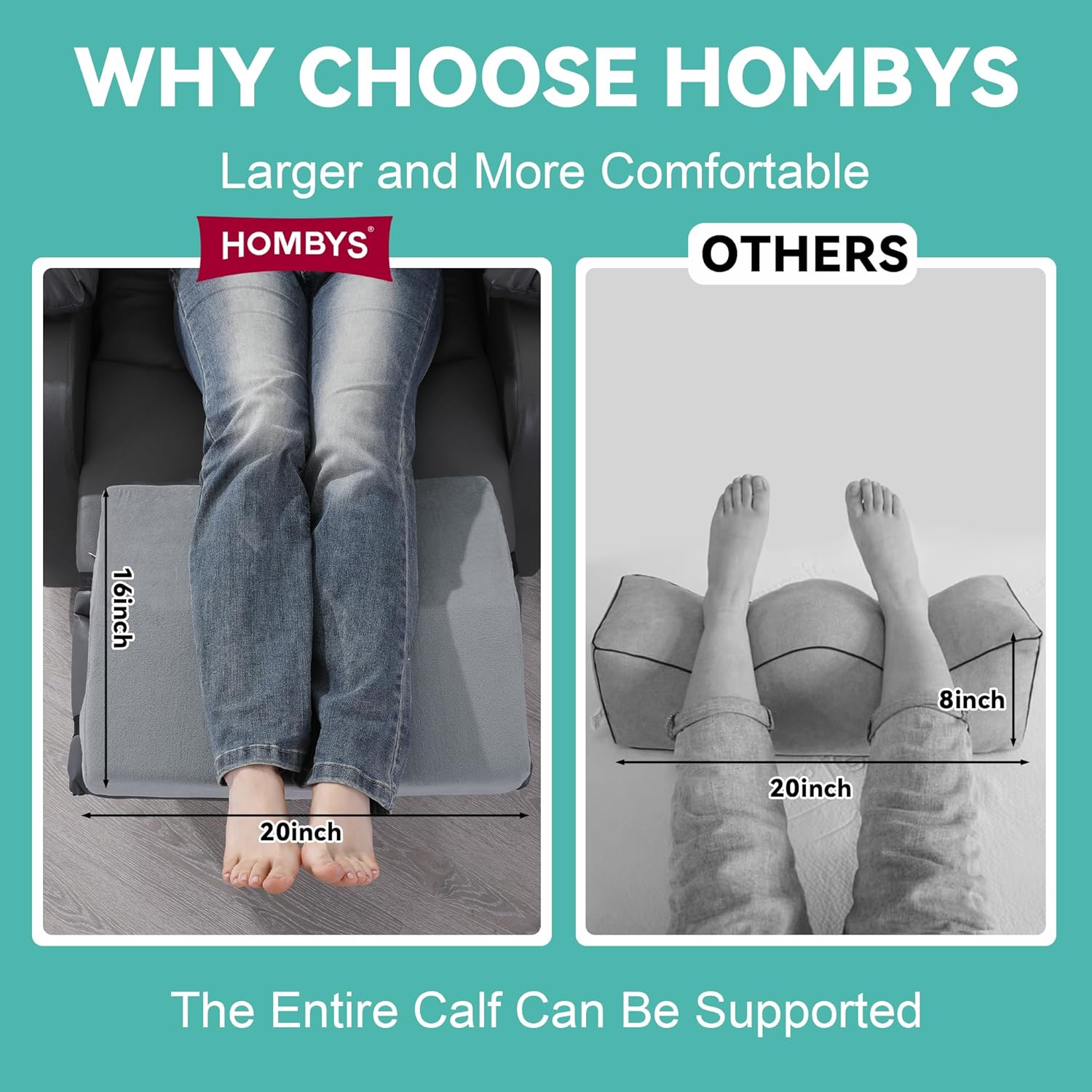 HOMBYS Extra Large Recliner Leg Pillow Support, 5 inch Thick Foam Foot Rest Cushion for Couch, Ergonomic and Multifunctional Leg Elevation Pad for Sofa, Chair, Bed(Grey)