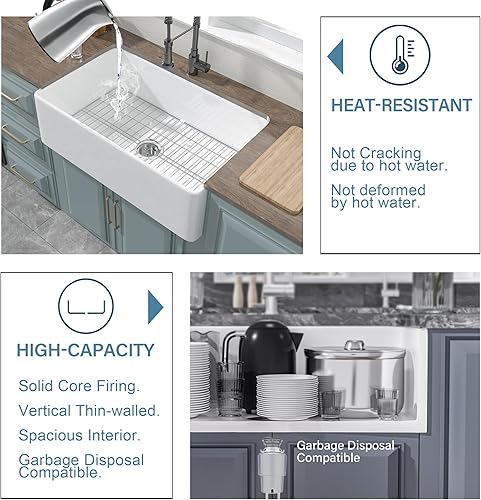Miniatura 6 de Fregadero de granja de 33 x 20 pulgadas, fregadero de granja blanco, fregadero de cocina de granja, fregadero de cocina de granjero, fregadero de