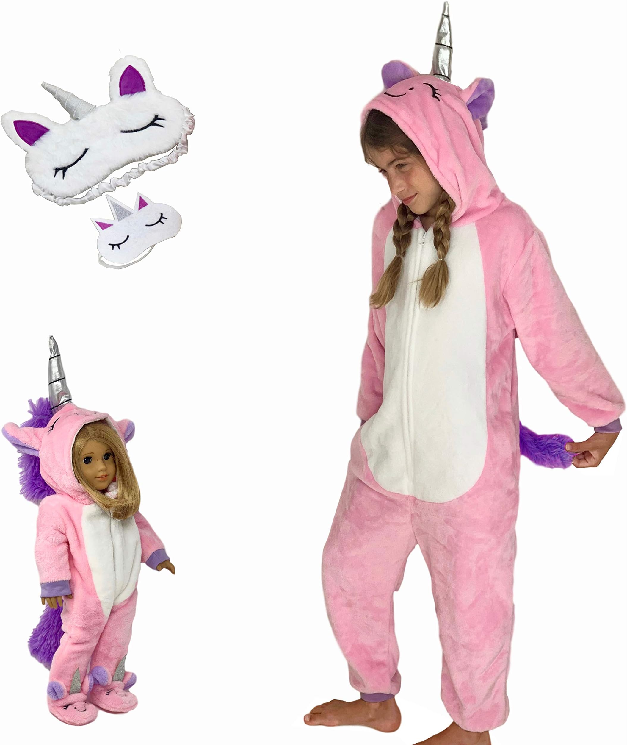 MY GENIUS DOLLS Unicorn Matching Onesie Pajamas and Sleepmasks - Fits Girl and 18 inch Doll Like American (Doll Not Included)