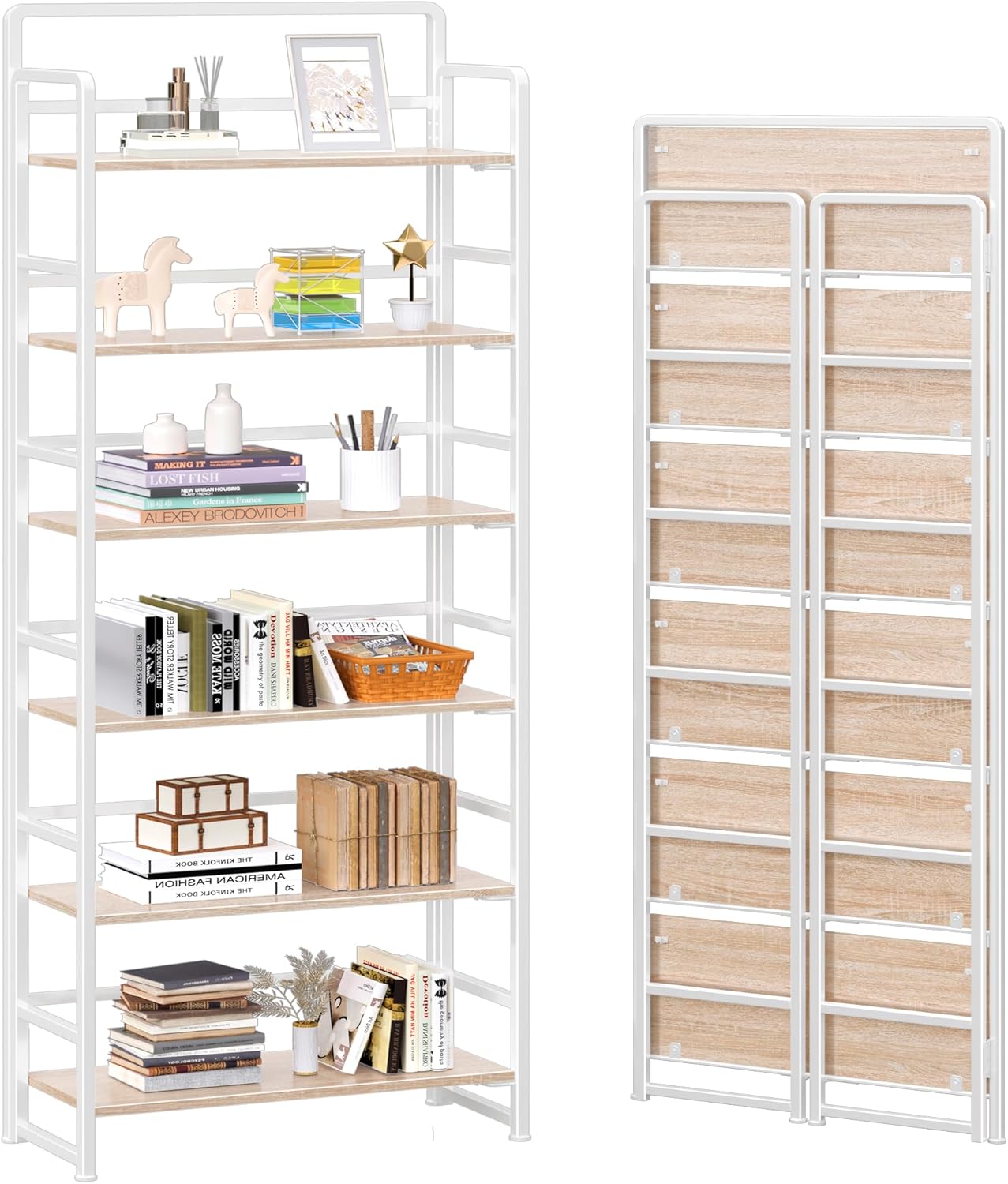 4NM No Assembly 6 Tiers Folding Bookshelf Storage Shelves Vintage Bookcase Standing Racks Study Organizer Home Office (Natural White)