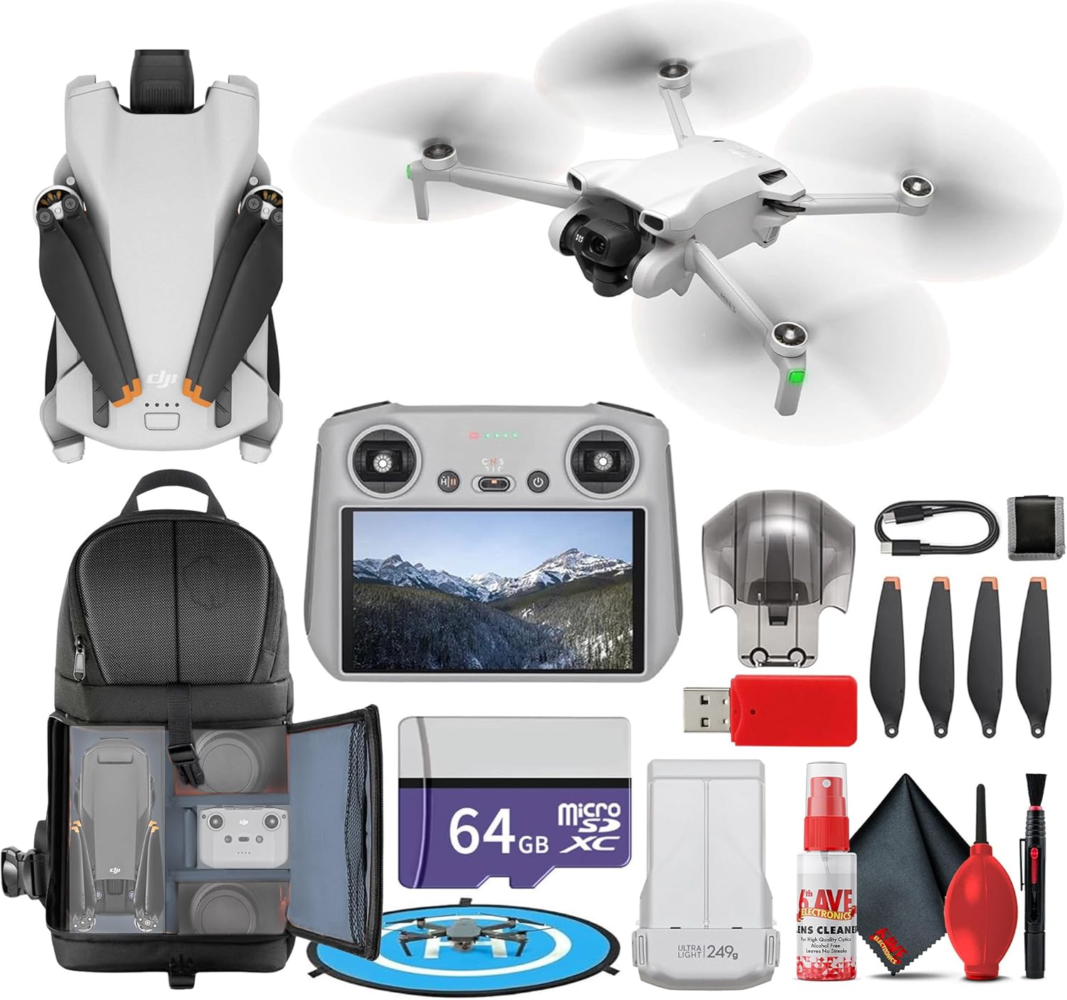 DJI Mini 3 Drone with DJI RC Remote Foldable Lightweight 4K Camera Quadcopter Bundle (CP.MA.00000587.01) + 64GB Card + BackPack + Landing Pad + Card Reader + More