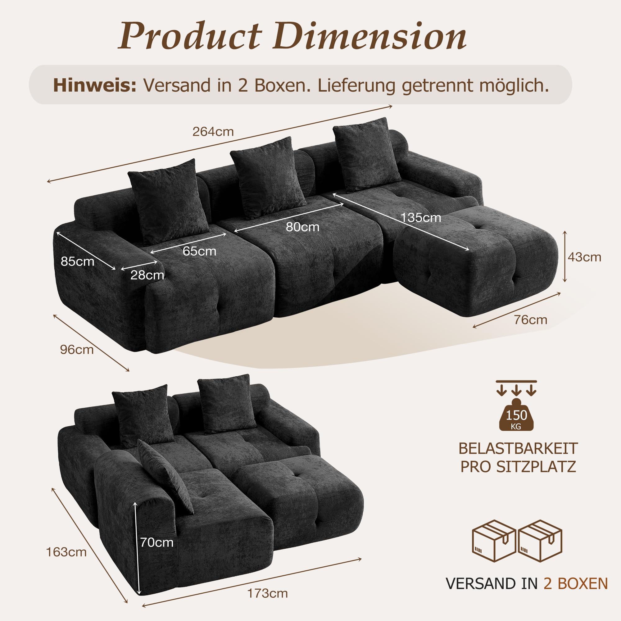 264cm L-förmiges modulares Boneless-Sofa, Ecksofa mit beweglicher Ottomane, tiefer Sitzfläche & Breiten Armlehnen, Cloud Couch ohne Montage für Wohnzimmer, Schlafzimmer (Schwarz)
