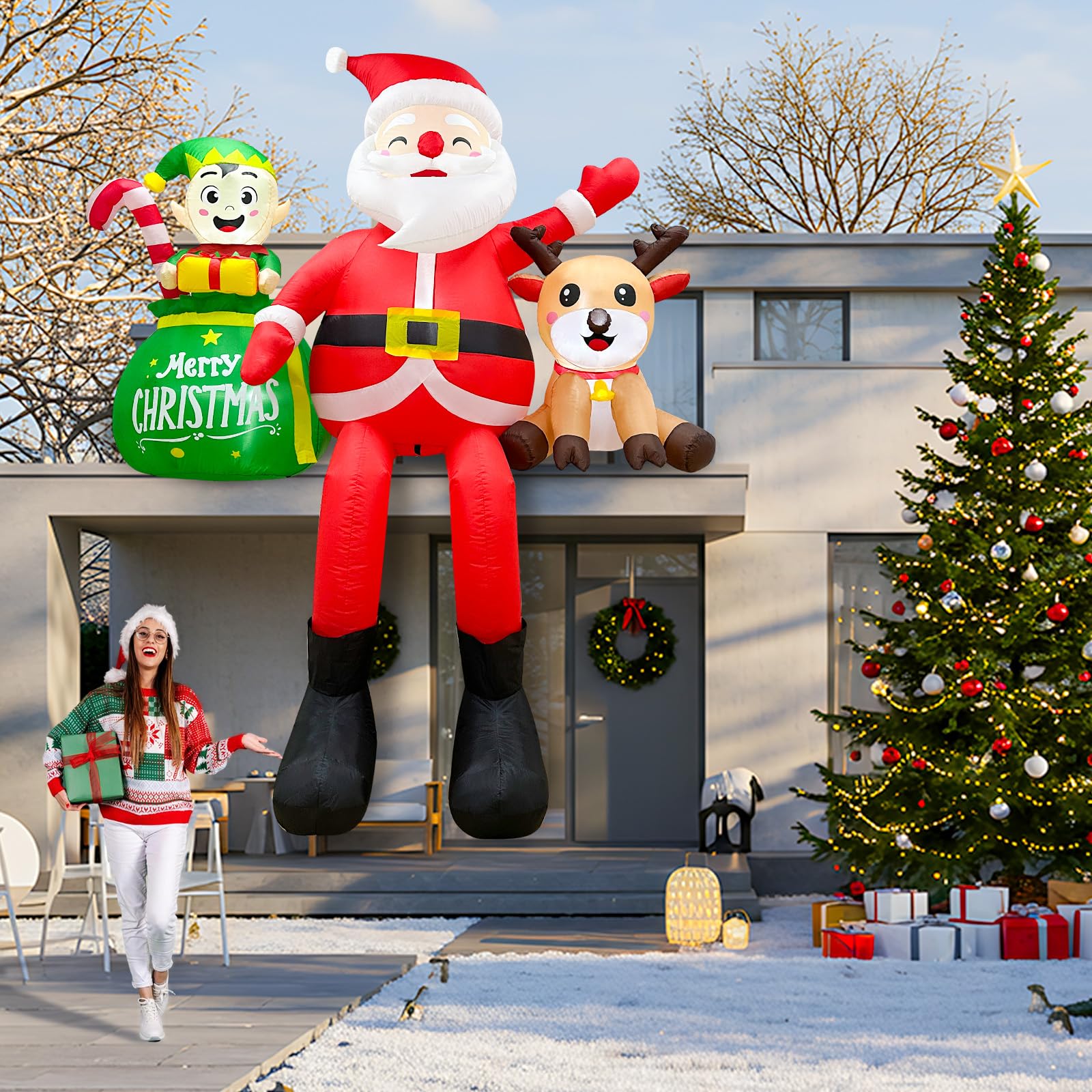 Père Noël gonflable de Noël avec sacs cadeaux, décorations d'extérieur, Père Noël géant gonflable assis sur le toit pour décoration de fête de Noël, cour, jardin, vacances