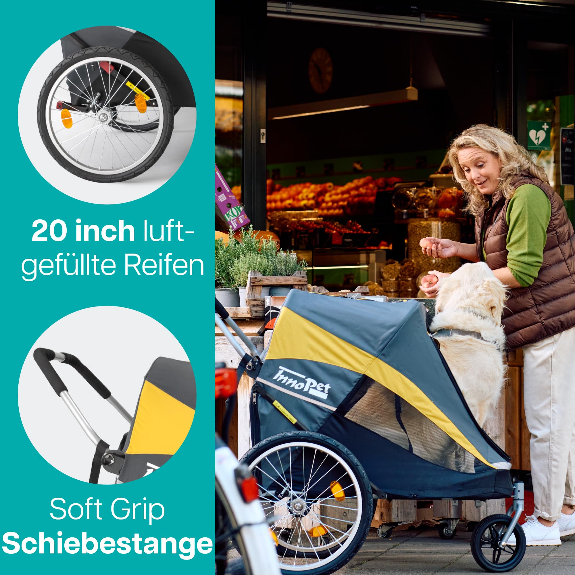 Großer Hundewagen - Innopet Hercules 2.0 Gelb/Grau - Heavy Duty Buggy Rahmen bis 50kg belastbar -inkl. Regenschutz - hintere 45cm Luftreifen/vorne pannensicheres EFA Rad - ohne Werkzeug aufzubauen