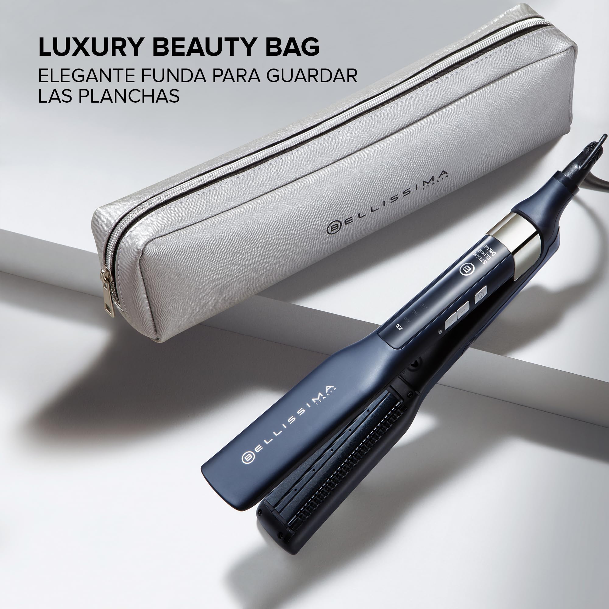 Bellissima Steam Elixir Deluxe Plancha Alisadora, Alisa El Cabello en un Solo Paso sin Dañarlo, Revestimiento de Cerámica y Queratina, Calentamiento Rápido, 4 Temperaturas, Diseño Redondeado