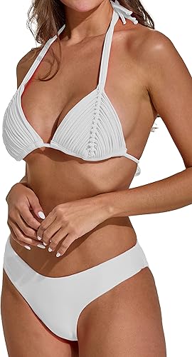 Miniatura 3 de LB LE BESI Conjunto de bikini de ganchillo triangular único para mujer, traje de baño sexy de dos piezas, estilo de alta V, parte inferior fruncida