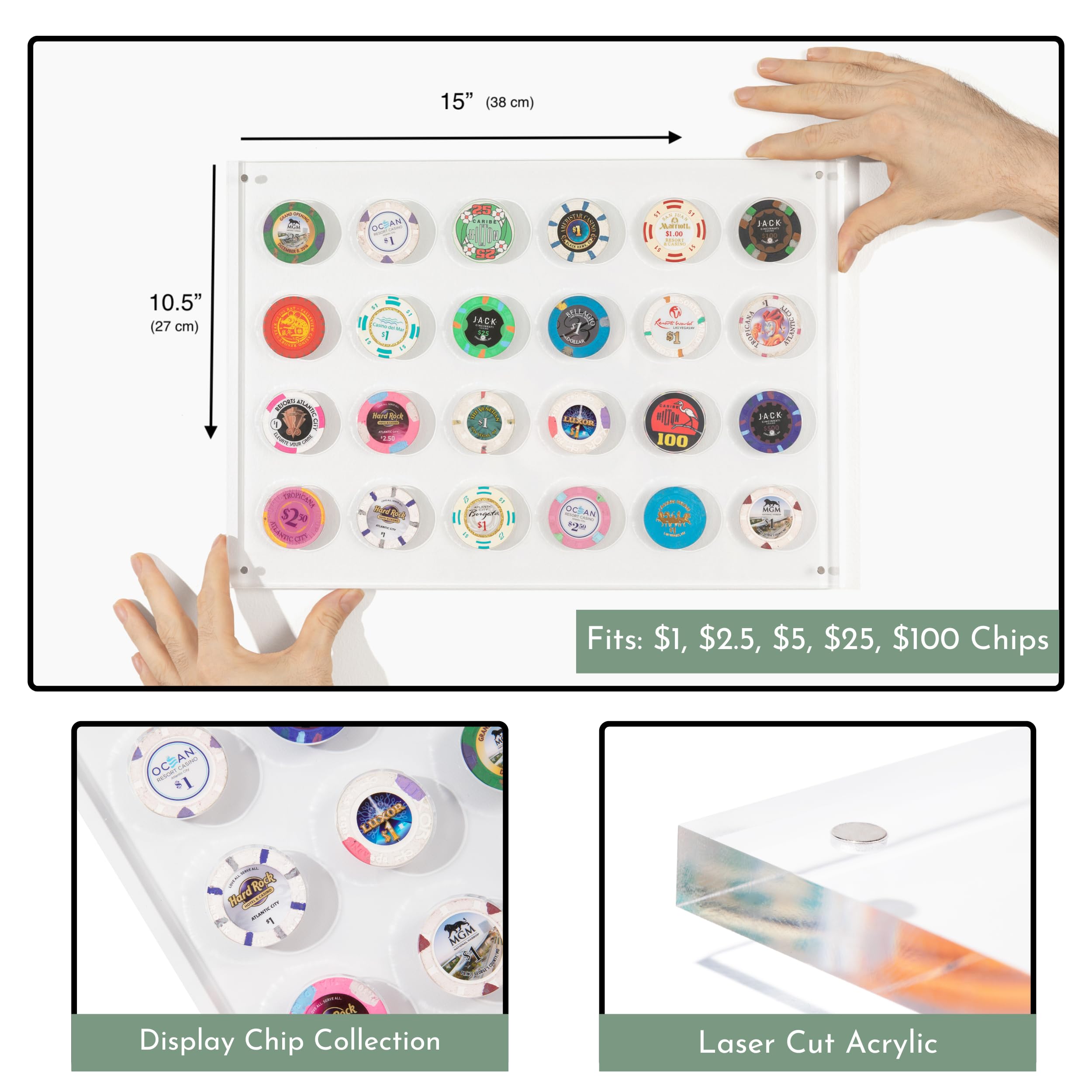 Porte-jetons de poker + 2 cartes coupées, présentoir de jetons de casino pour 24 jetons de poker, cadre en acrylique pour collectionneurs de pièces et fournitures, montage mural ou de table (34