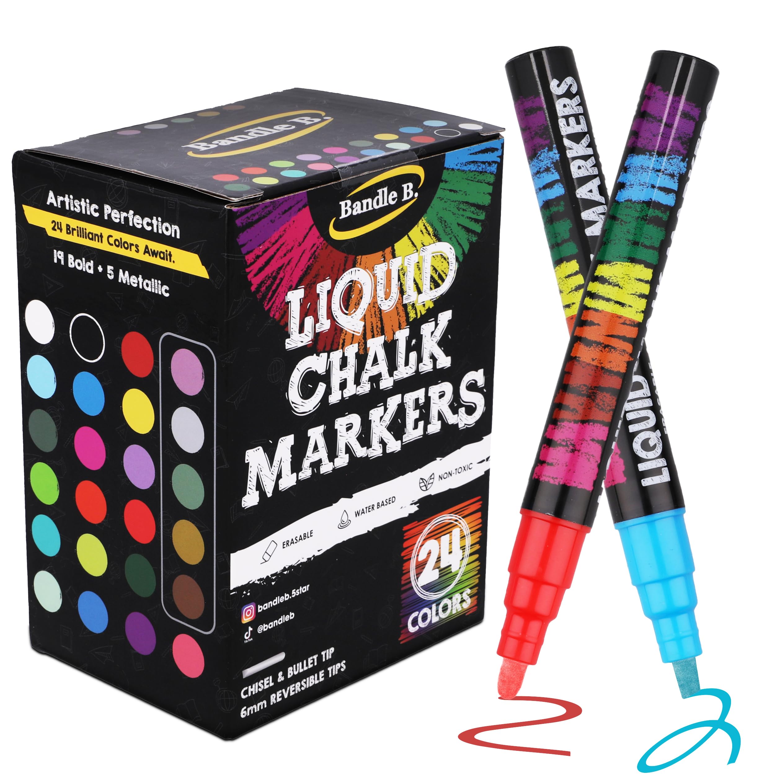 Bandle B. Chalk Markers - 24 Vibrant, Erasable, Non-Toxic, Water-Based, Reversible Tips. For Glass or Chalkboard Markers for Businesses, Restaurants, Liquid Chalk Marker (Vibrant 6mm)