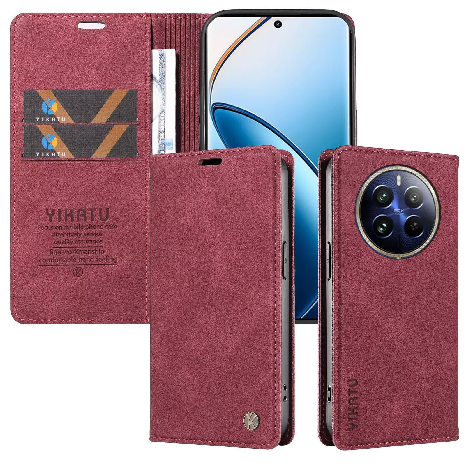 for Card Slot Realme 12 Pro/12 Pro+ Case Leather Magnetic wallet Flip Cover Card Holder Kickstand Feature Full Protection Shockproof Phone Cover compatible with Realme 12 Pro/12 Pro+ (Wine Red)