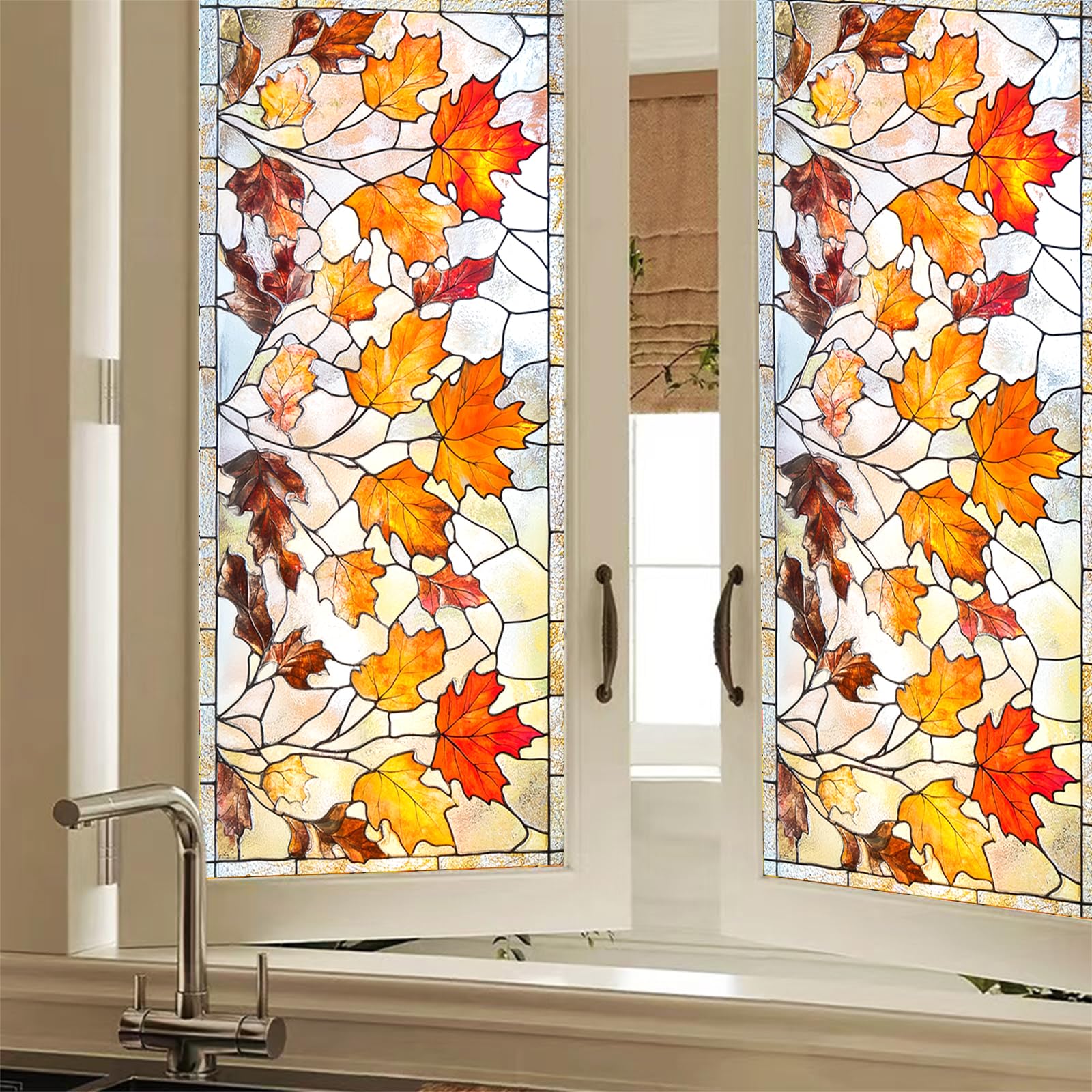 HOMETITUTE Stained Glass Window Film Decorative 18x39 Inch Autumn Leaves Cling PVC Window Privacy Film Stained Glass Panel for Windows Fall Seasonal Decor Indoor Use