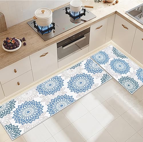 2 tapetes de cocina, tapetes florales azules para el hogar, alfombra lavable para decoración de cocina (20 x 32 pulgadas, 20 x 48 pulgadas, 19.7 x