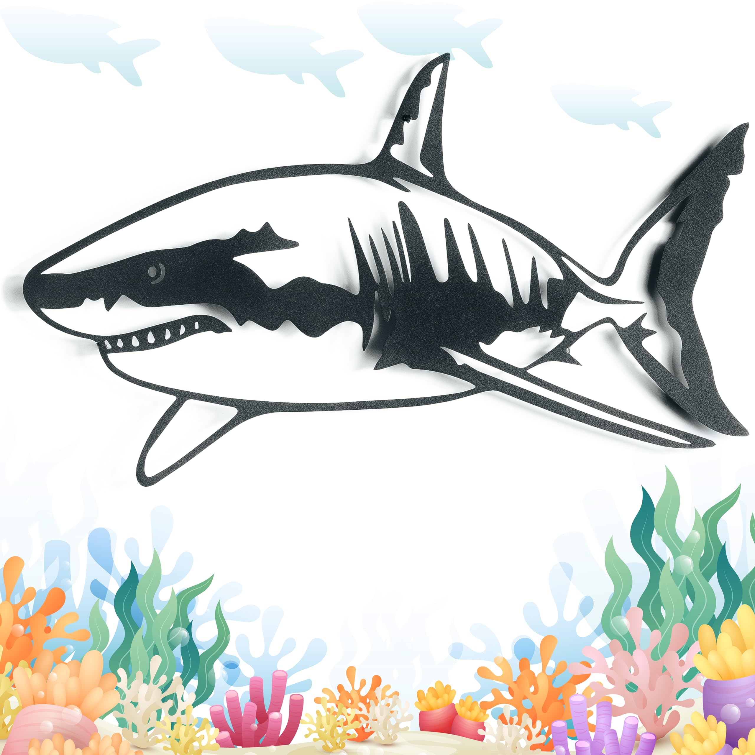 Tiburón. Escultura de Metal. Adorno de Pared, Elemento Decorativo, Cartel, Souvenir, Poster, Decoración, Animales Marinos, Regalo para Aficionados del Mar y Océano, Exploradores, Pescadores.