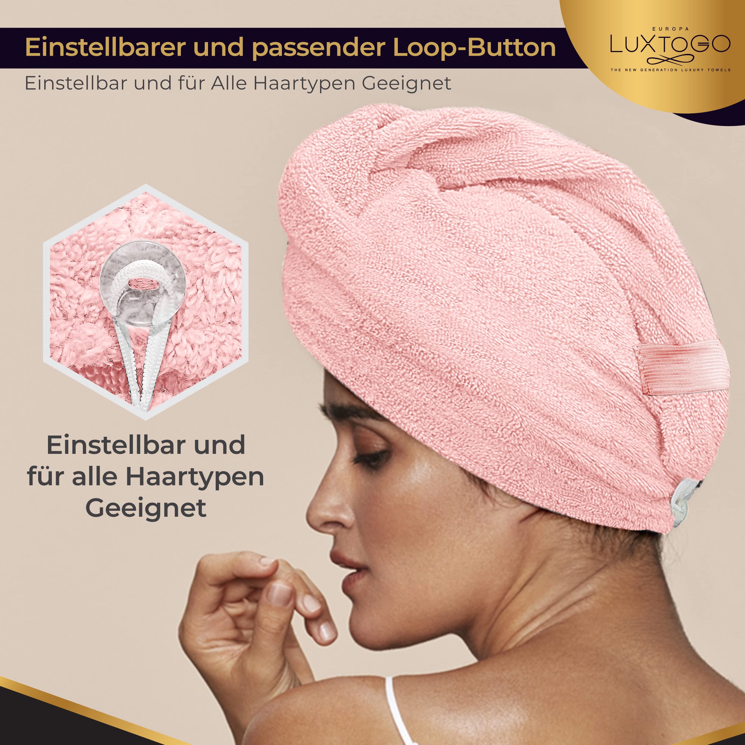 Haarturban-Premium Haarhandtuch 100% Baumwolle, Hochwertiges Turban Handtuch mit Knopf und Gummizug, Super Saugfähiges Kopfhandtuch (2 STK Weiß+Rosa)