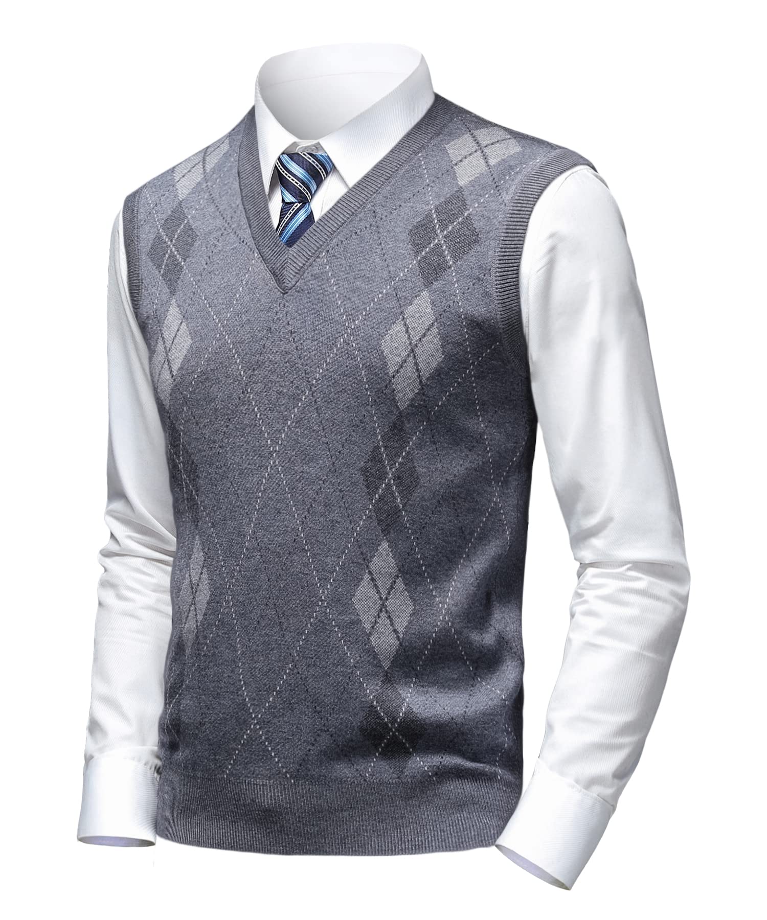 Mens Argyle Sweater Vests Classic V-Neck Sleeveless Pullover Grey Black Knitwear Nice Tank Tops for Dad Husband-image-27