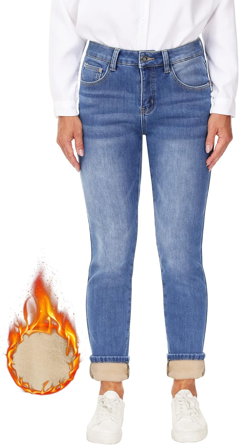 Qazel Vorrlon Women's Fleece Lined Jeans for Women Winter Warm Flannel Lined Jeans Womens High Waisted Skinny Stretch Pants - Image 2