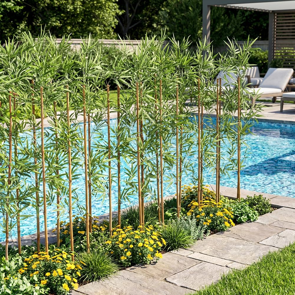 VeriNatural Künstlicher Bambus 150 cm, UV-beständig, 24 echte Bambusstäbe | Kunstpflanze mit echten Bambusstäben,flexibel kombinierbar als Sichtschutz,Pooldeko,Garten-und Wohnraumdeko