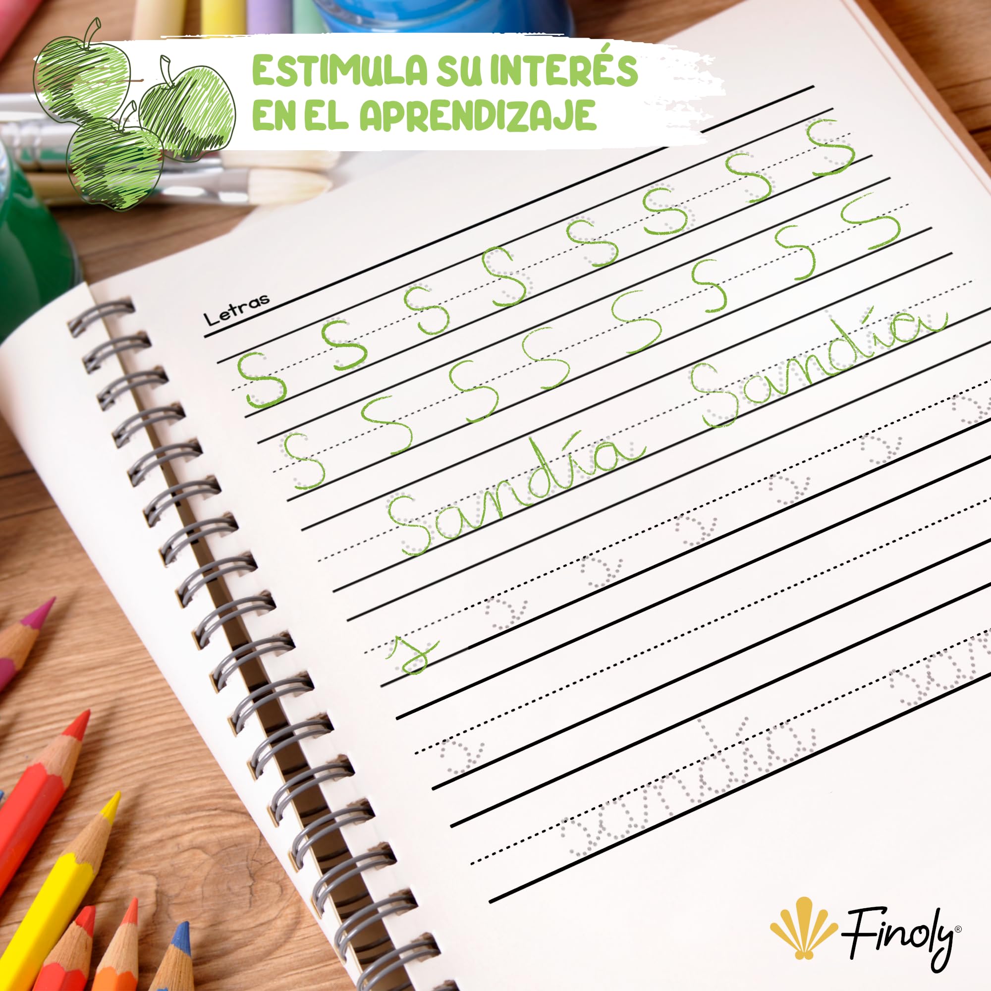 Finoly Cuaderno Aprender a Escribir Letras y Números Pauta Montessori | Niños 3 a 6 años Libro Caligrafía Preescritura Lectoescritura Actividades y Ejercicios: Letras Números Palabras Grafomotricidad