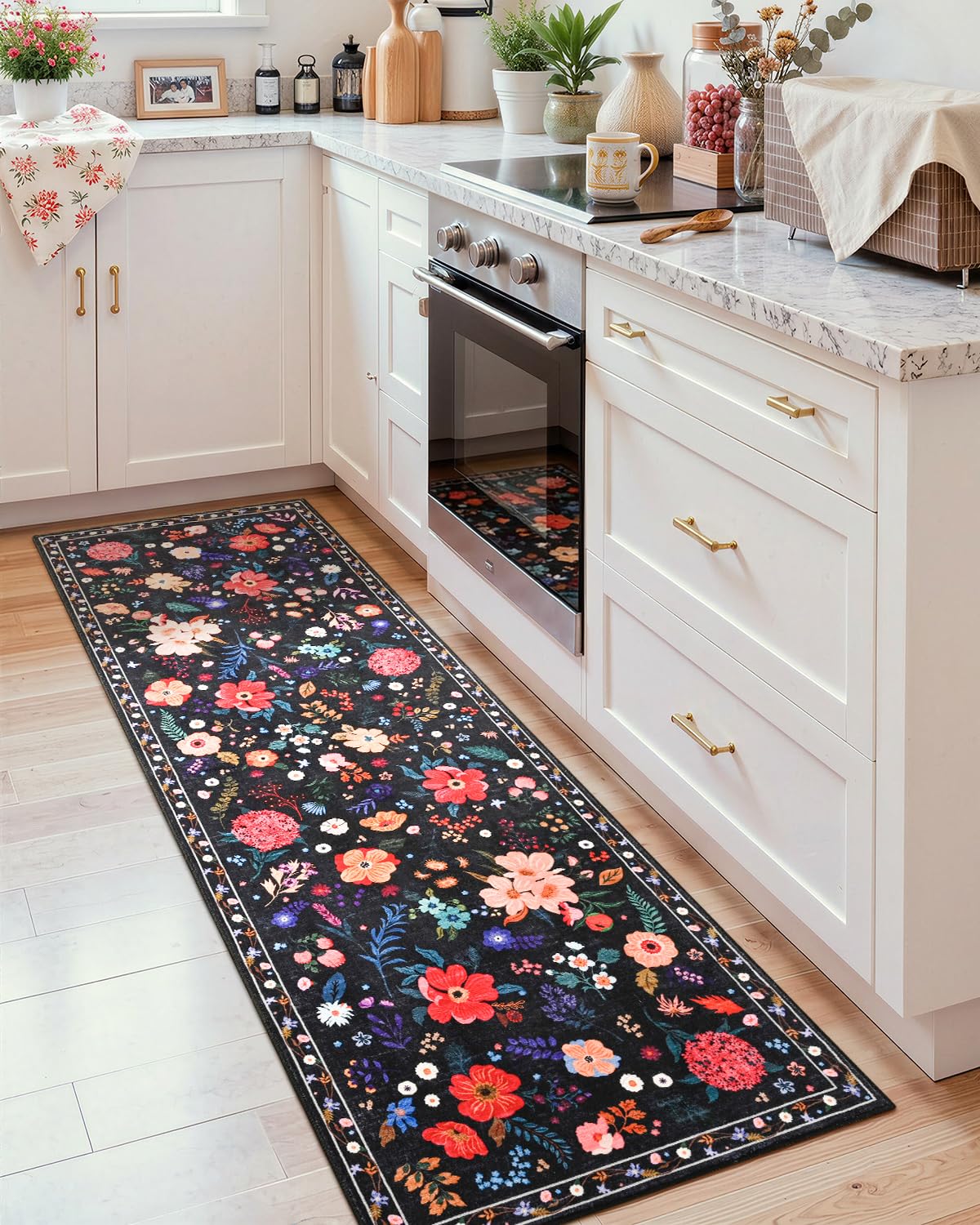 Macgace 2x8 Floral Runner Rug, Flowers Printed Washable Rugs with Non Slip Backing for Girls Bedroom Kitchen Hallway,Cute Carpet Runners Home Aesthetic Decor, Black — image 1