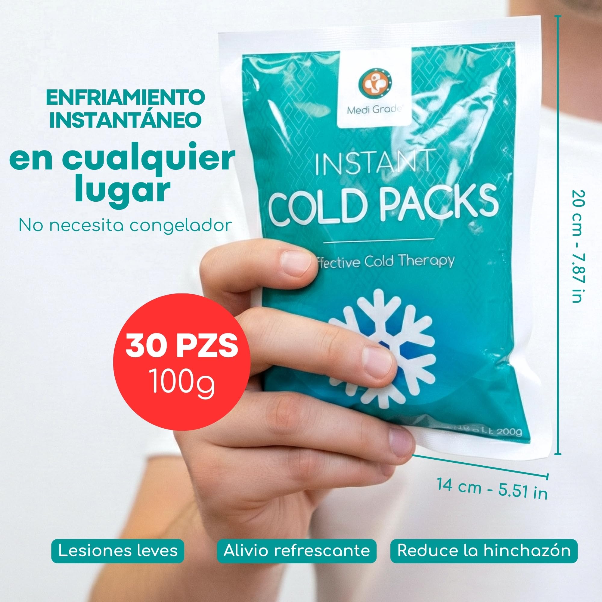 Medi Grade Bolsas de Frío Instantáneo 30 uds de 100 g – Bolsas de Gel Frío para Alivio Rápido, Sin Frigorífico con Banda de Sujeción –ideal para Lesiones en Tobillos y Rodillas –Medidas 11,43x15,24 cm
