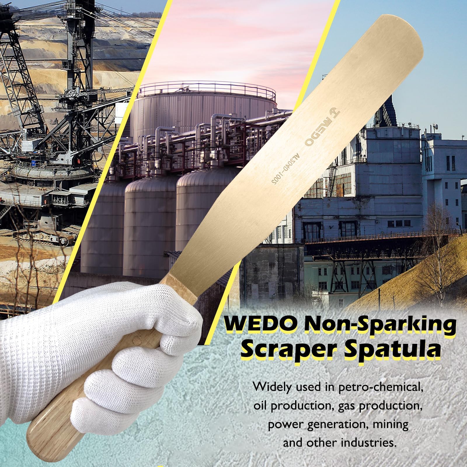WEDO Espátula,Espátula de pintor con hoja recta y mango de madera de 40mm,Espátula no brillante,bronce de aluminio,DIN,BAM FM,350mm de longitud,herramienta de seguridad sin chispas