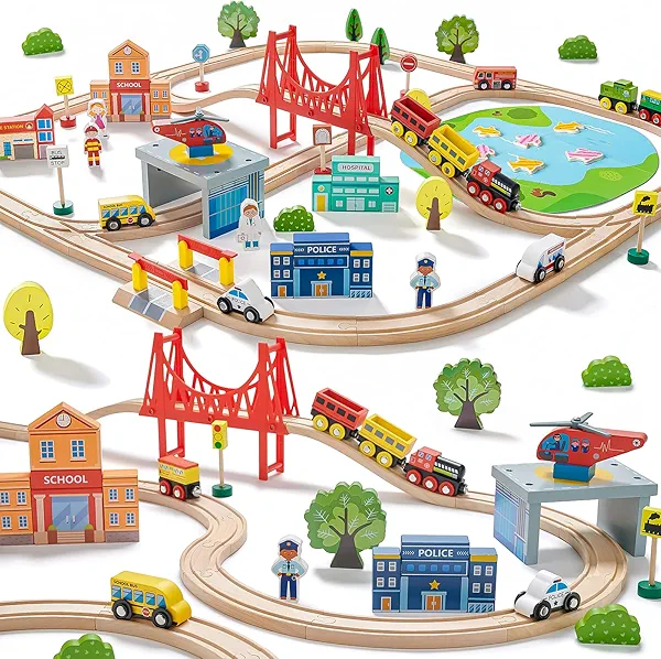 Tiny Land 110PCS Wooden Train Set – Toy Train with Tracks for Kids Ages 3-7, Compatible with Major Brands, Ideal Railway Playset for Boys and Girls, Great Birthday 110PCS Train Set