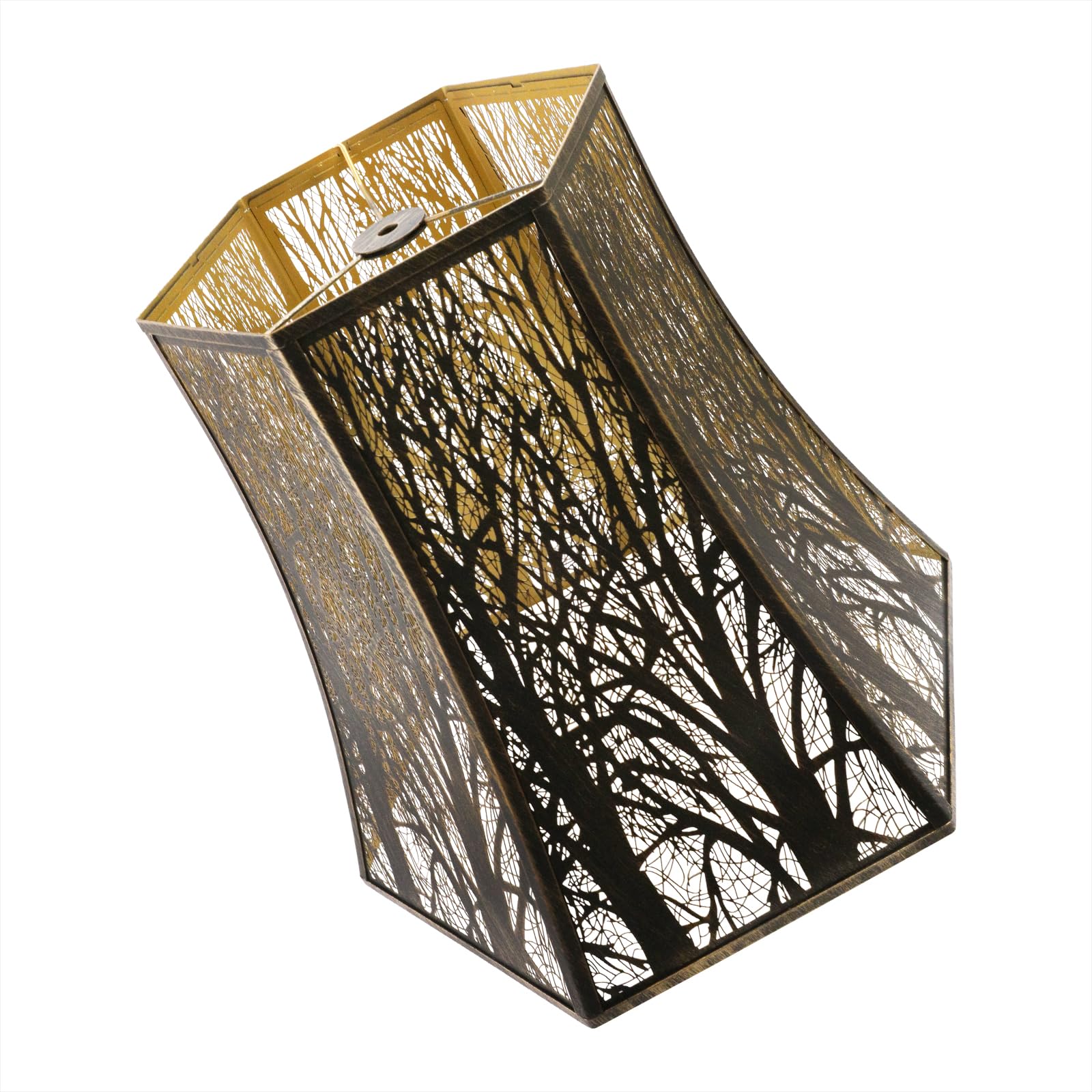 Large Hexagonal Lamp Shade with Forest Tree Pattern, Etched Court Style Metal Lampshade, 10" Top x 16" Bottom x 14.5" High, Iron Cover shade for Table Lamps, Floor Lamps (Antique Copper & Gold)
