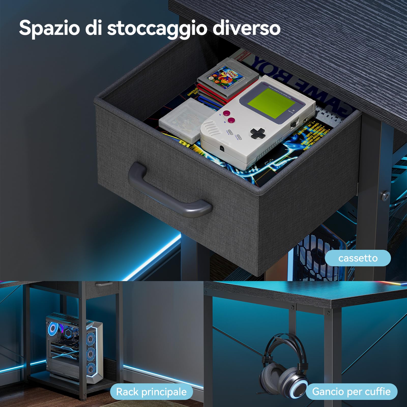 Coleshome Scrivania Gaming con LED, 100x48cm Scrivania con Cassetti, Reversibile Scrivania Piccola con Supporto Monitor e Gancio per Cuffie, Una Perfetta per Gli Spazi Ridotti, Nero