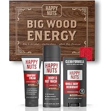 HAPPY NUTS Mens Gift Hygiene Kit - Big Wood Energy Box Men's Gift - Whole Body Deodorant, Moisturizing Body Wash, Anti-Chafing Comfort Cream - Body &amp; Shower Gift Set Self Care For His Total Package
