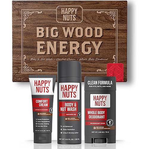 HAPPY NUTS Mens Gift Hygiene Kit - Big Wood Energy Box Men's Gift - Whole Body Deodorant, Moisturizing Body Wash, Anti-Chafing Comfort Cream - Body & Shower Gift Set Self Care For His Total Package