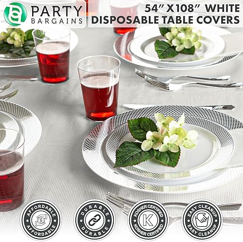 Miniatura 5 de PARTY BARGAINS 10 manteles desechables de 54 x 108 pulgadas, 3 capas de papel y plástico, color blanco