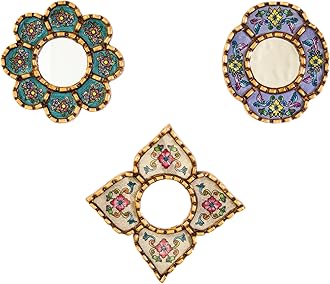 Artisan Small Accent Wall Mirror Set of 3 - Peruvian Mirrors for Wall with Bronze Leaf Frame - Reverse Painted Glass Mirrors
