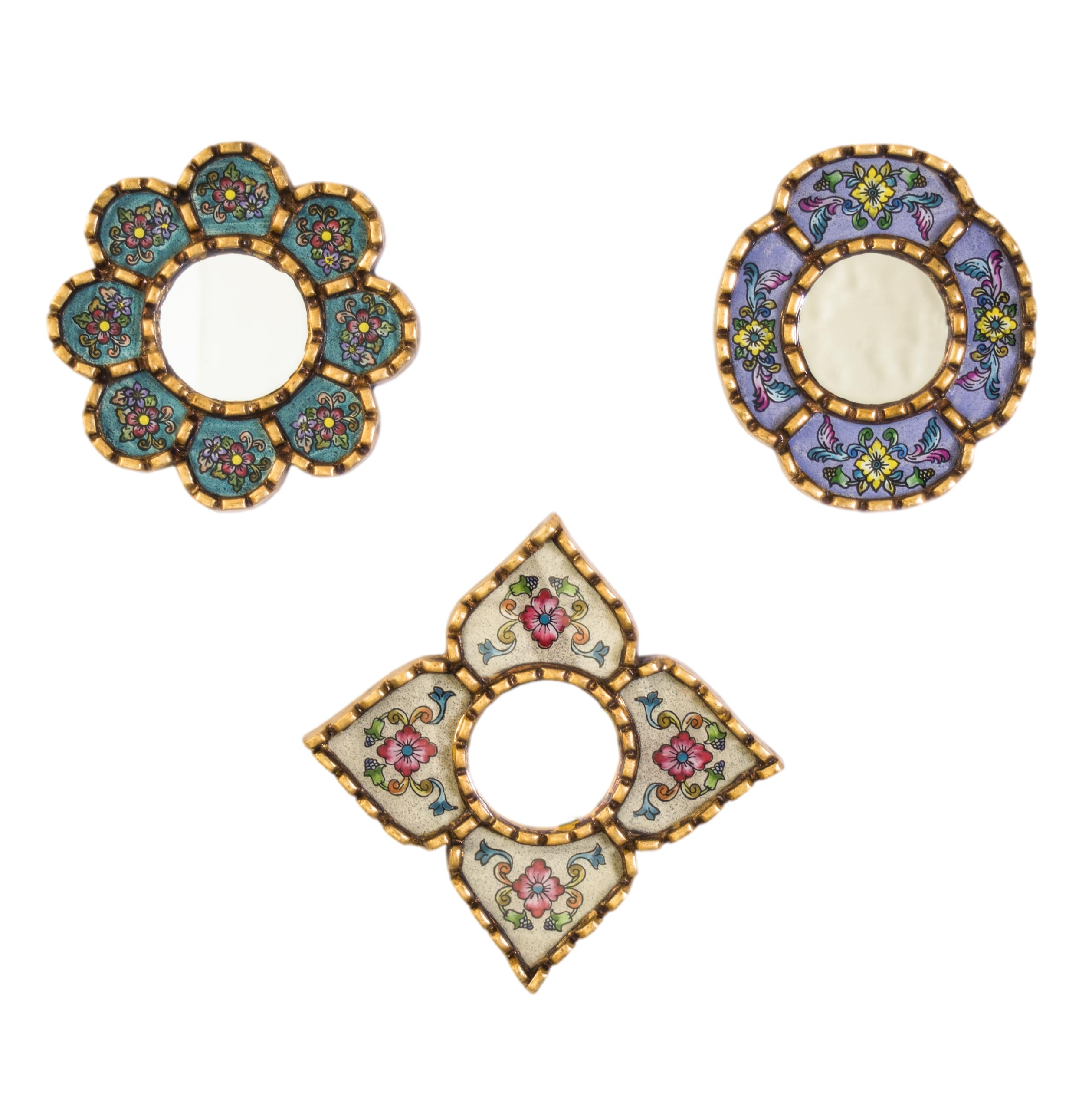 Artisan Small Accent Wall Mirror Set of 3 - Peruvian Mirrors for Wall with Bronze Leaf Frame - Reverse Painted Glass Mirrors