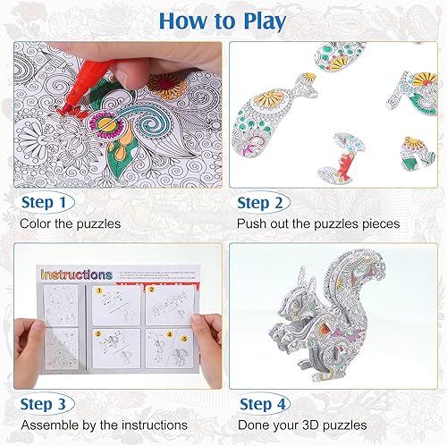 Miniatura 5 de Syhood Juego de 36 rompecabezas para colorear en 3D, pintura de animales, rompecabezas para niñas, incluye 12 pinturas creativas de bricolaje con 24