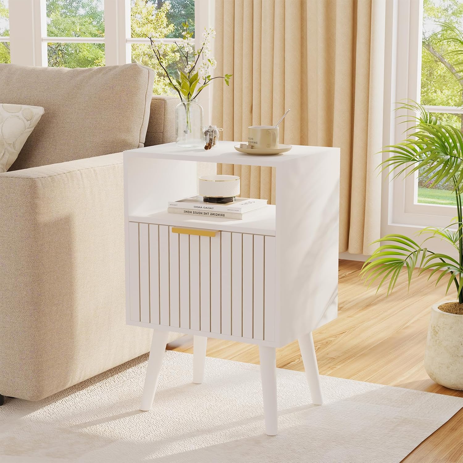 Nightstand, 2-Tier Night Stand with Drawer, Wooden Bedside Table for Bedroom Study Room Small Spaces, White