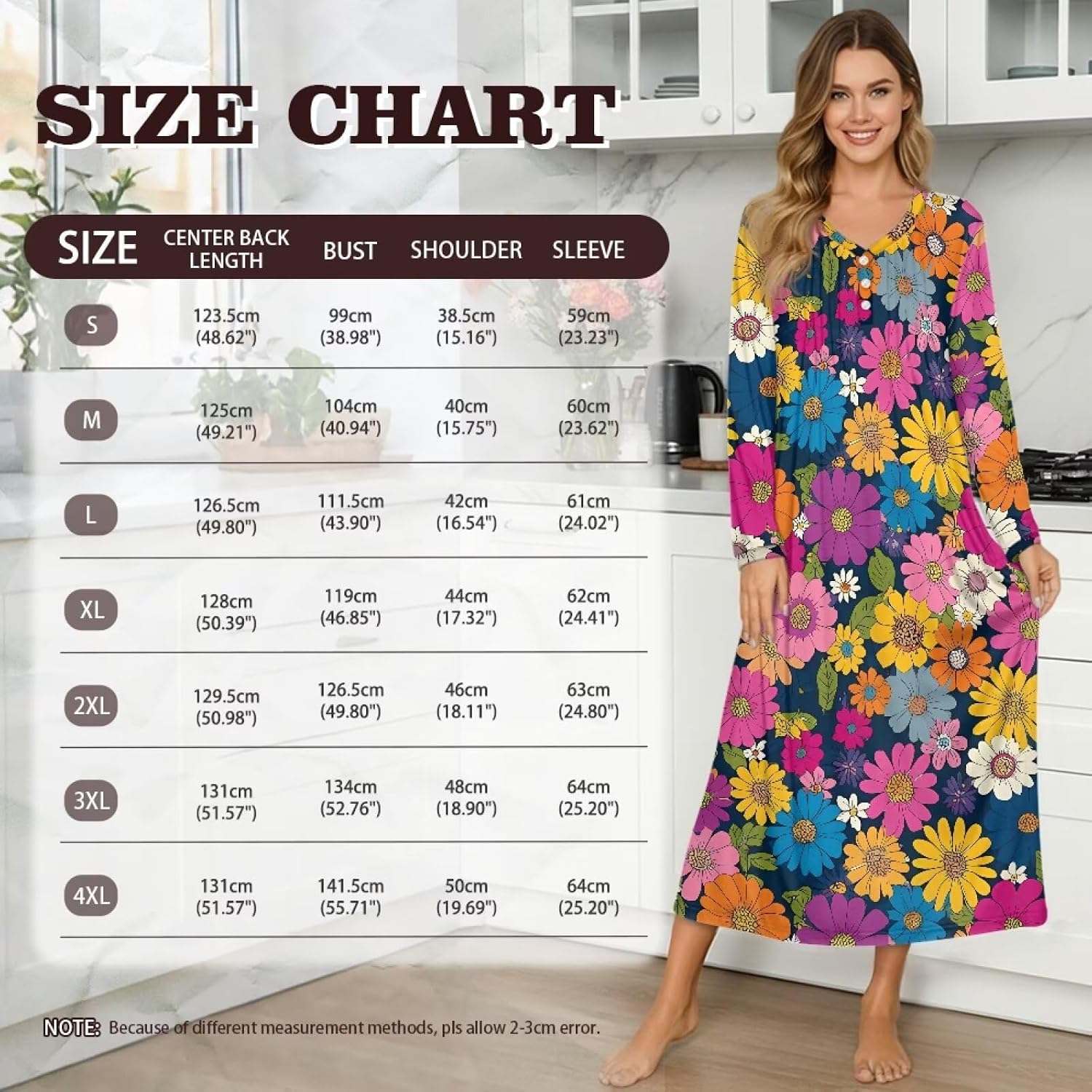 Women's Long Sleeve Nightgown Full Length Sleepwear Soft Long Sleepshirts V Neck Sleep Dress S-4XL