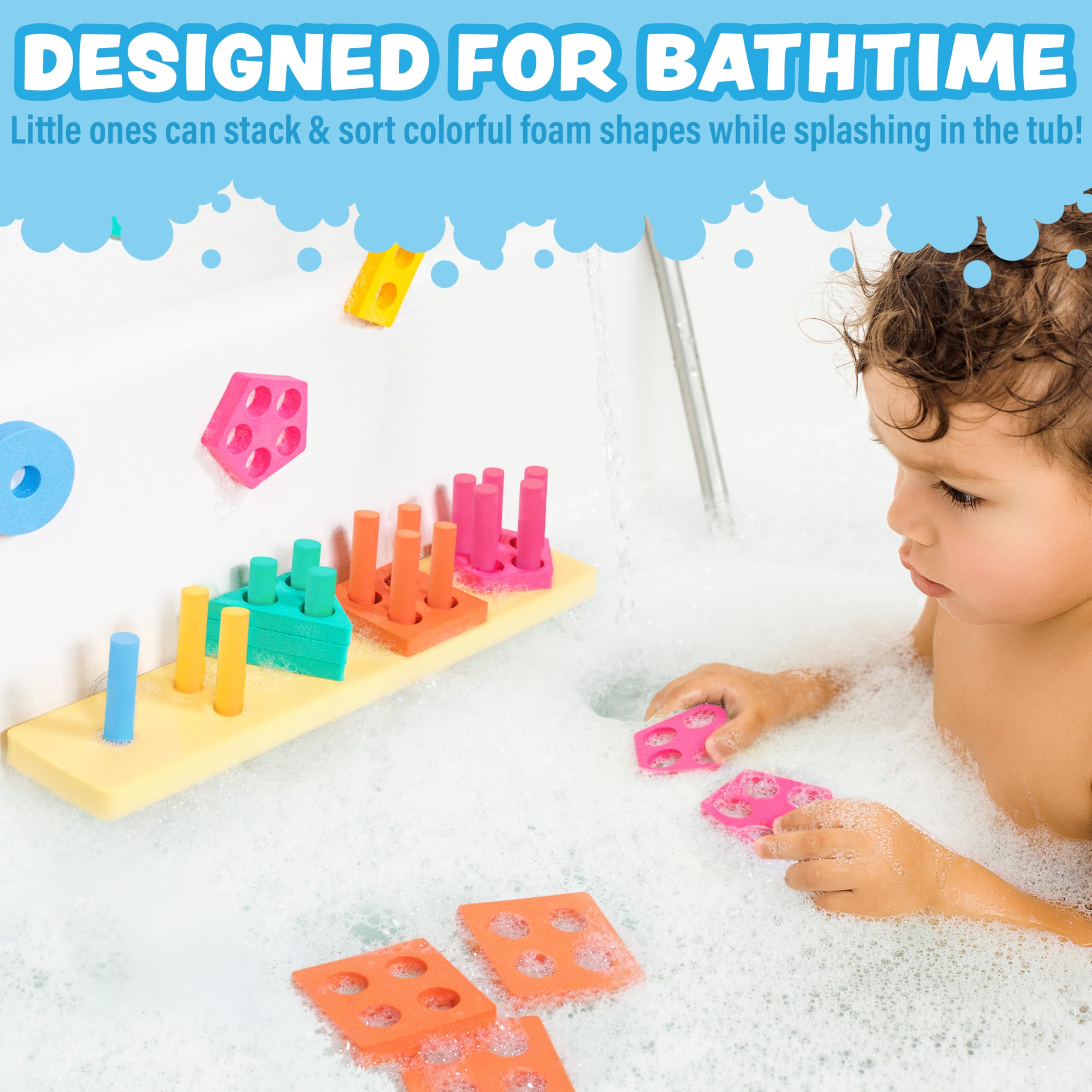Splash, Stack & Sort - Juguete de baño para niños pequeños | 20 piezas de espuma | Clasificación de colores y apilamiento de formas Juguetes de baño para niños | Flotadores y se adhiere a 2