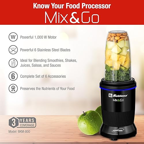 Miniatura 2 de Koblenz Mix&Go Batidora portátil, licuadora de tamaño personal para batidos y batidos con función de parada automática, motor de 1000 vatios,