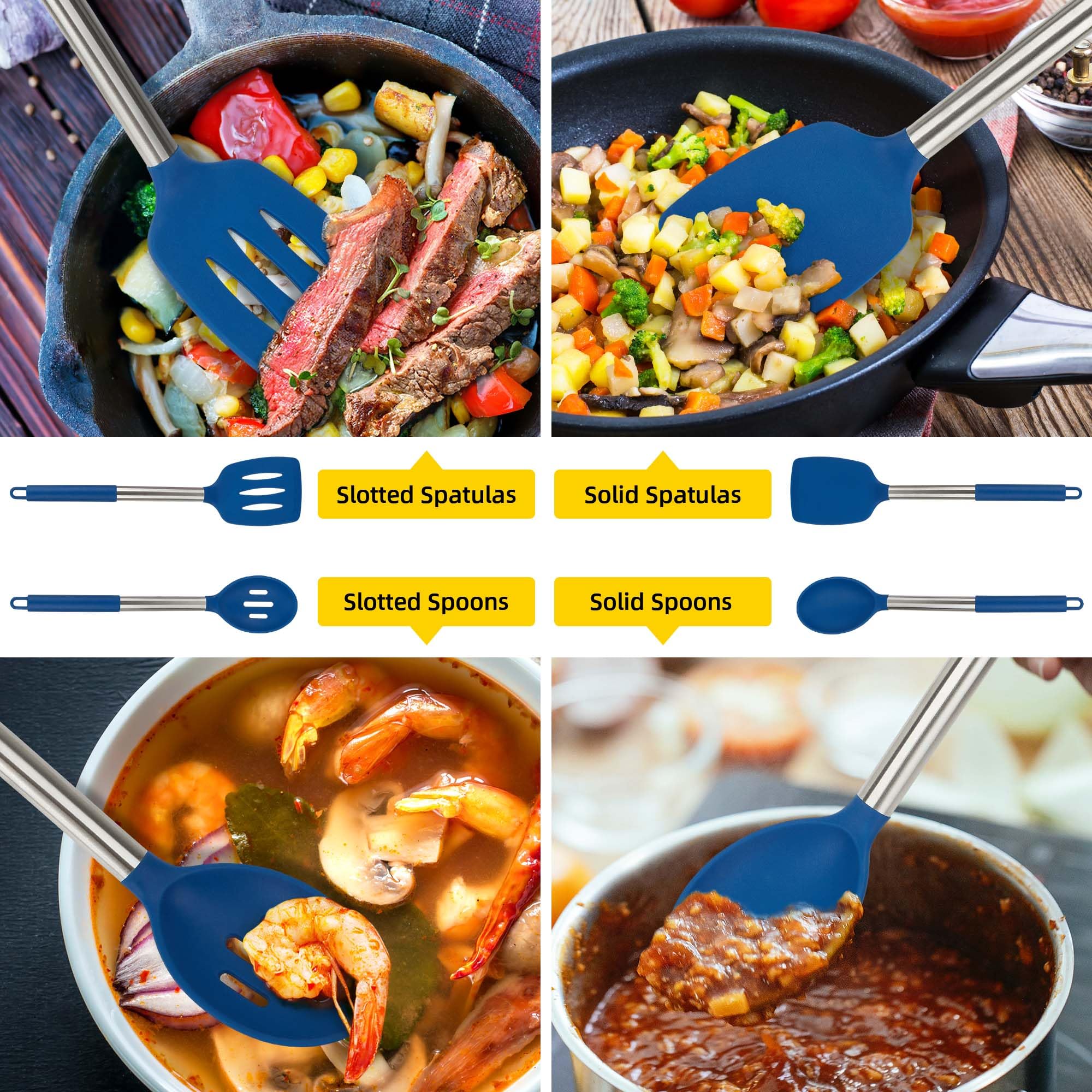 Juego de 4 utensilios de silicona, espátulas sólidas antiadherentes, cucharas ranuradas con mango de acero inoxidable, espátulas para cocinar, freír, mezclar, servir, color azul