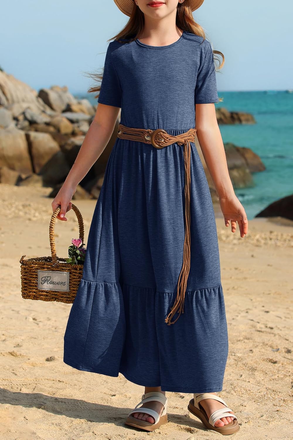 YOVION Girls Summer Maxi Dress Short Sleeve Crew Neck Casual Loose Flowy Tiered Dresses with Pockets for 6-12 Y - Image 2