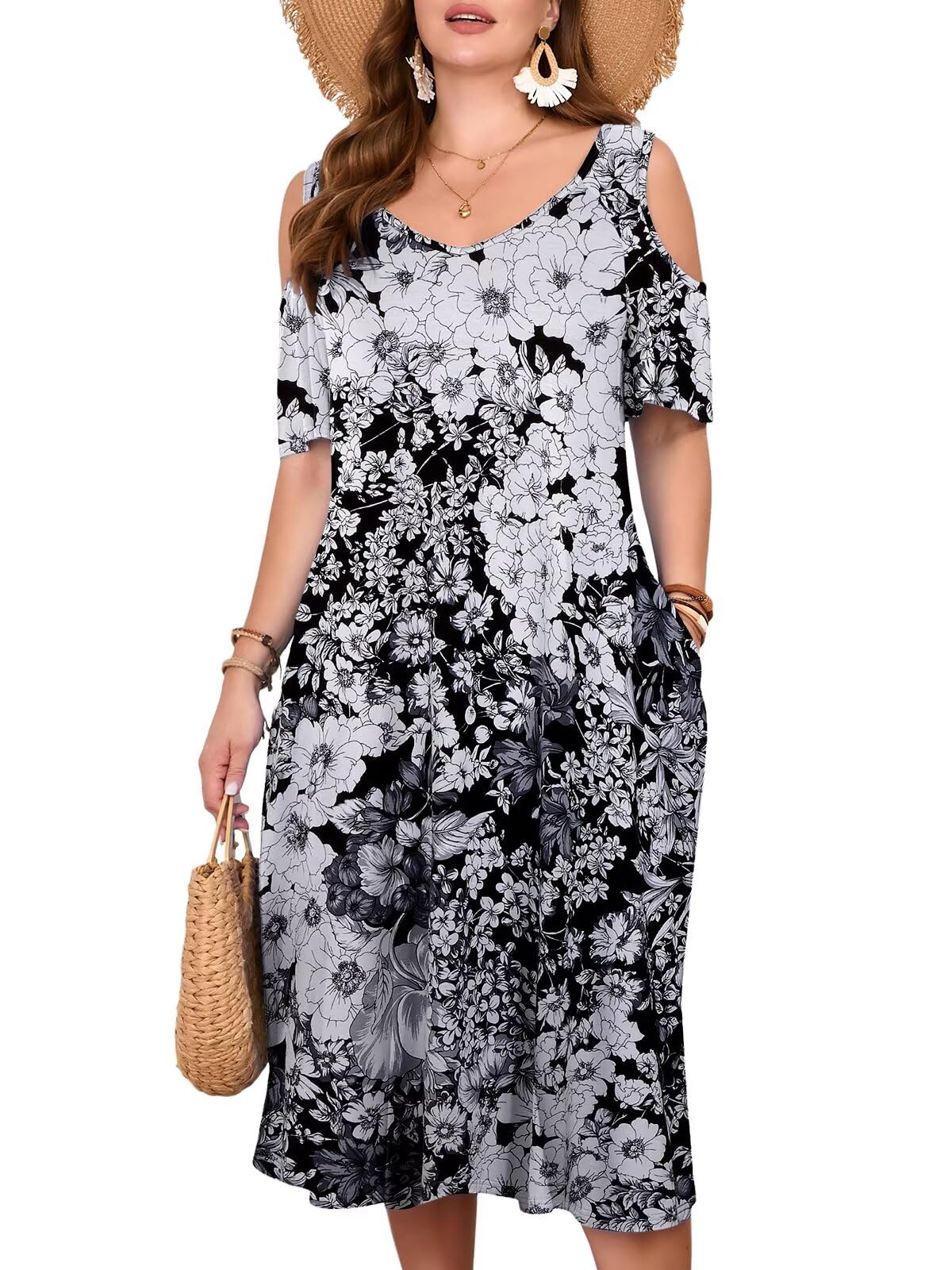 LARACE Plus Size Women Dress for Summer, Midi Women's Sundress, Casual V-Neck Short Sleeve Flowy T-Shirt Dresses with Pockets
