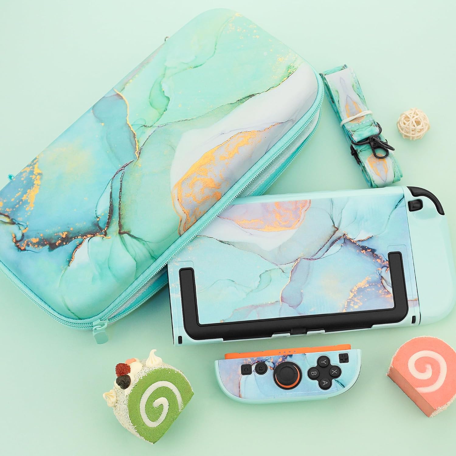 FANPL Cute Case Bundle for Nintendo Switch 2 Accessories, Travel Carrying Cover for Switch 2 with Hard Glitter Skin, Adjustable Strap, Screen Protector, Thumb Grip Caps (Green Marble)