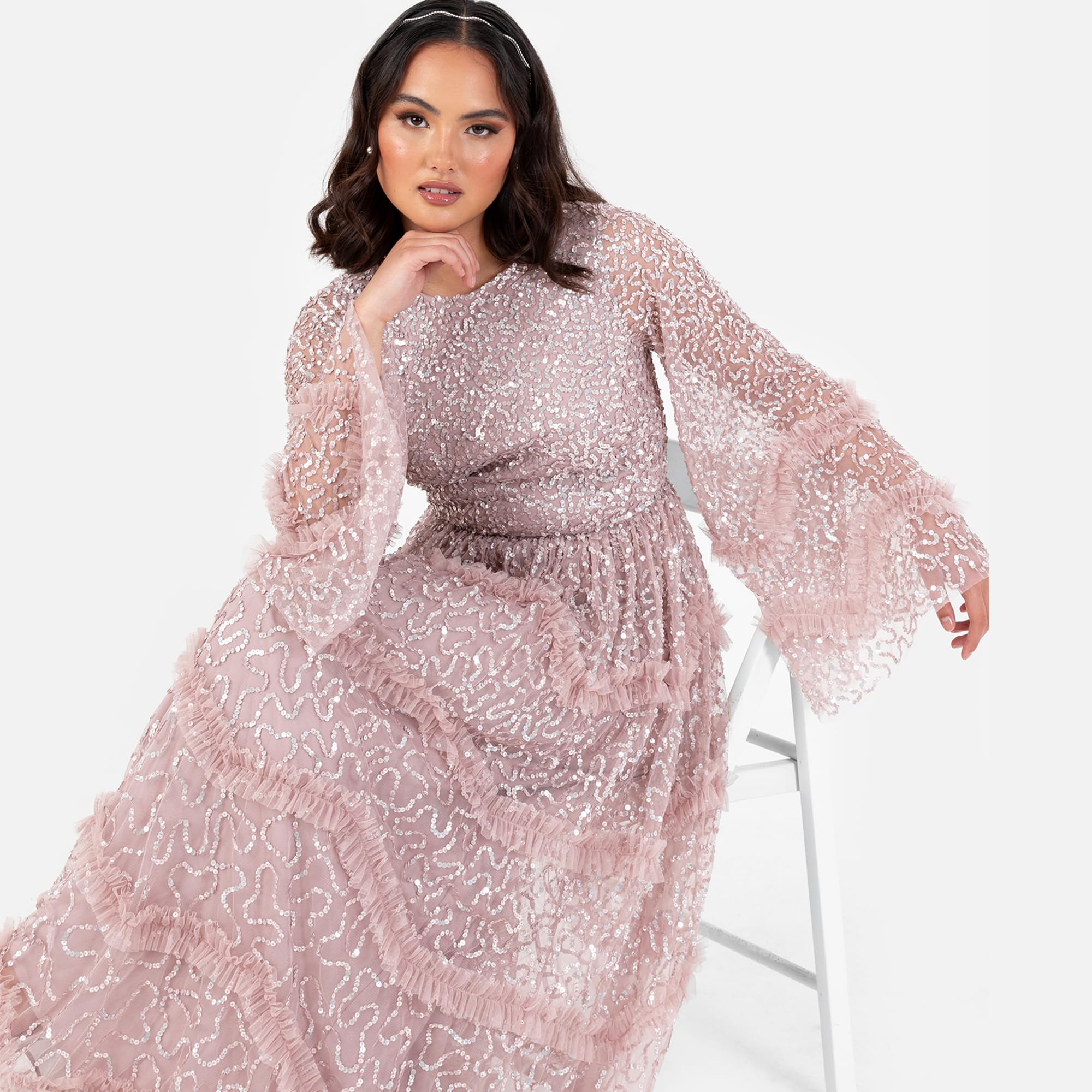 Maya Deluxe Damen Women's Maxi Dress Ladies Modest Round Neck Long Bell Sleeve Sequin Embellished Tiered Ruffle A-line Bridesmaid Prom Dress (1er Pack)
