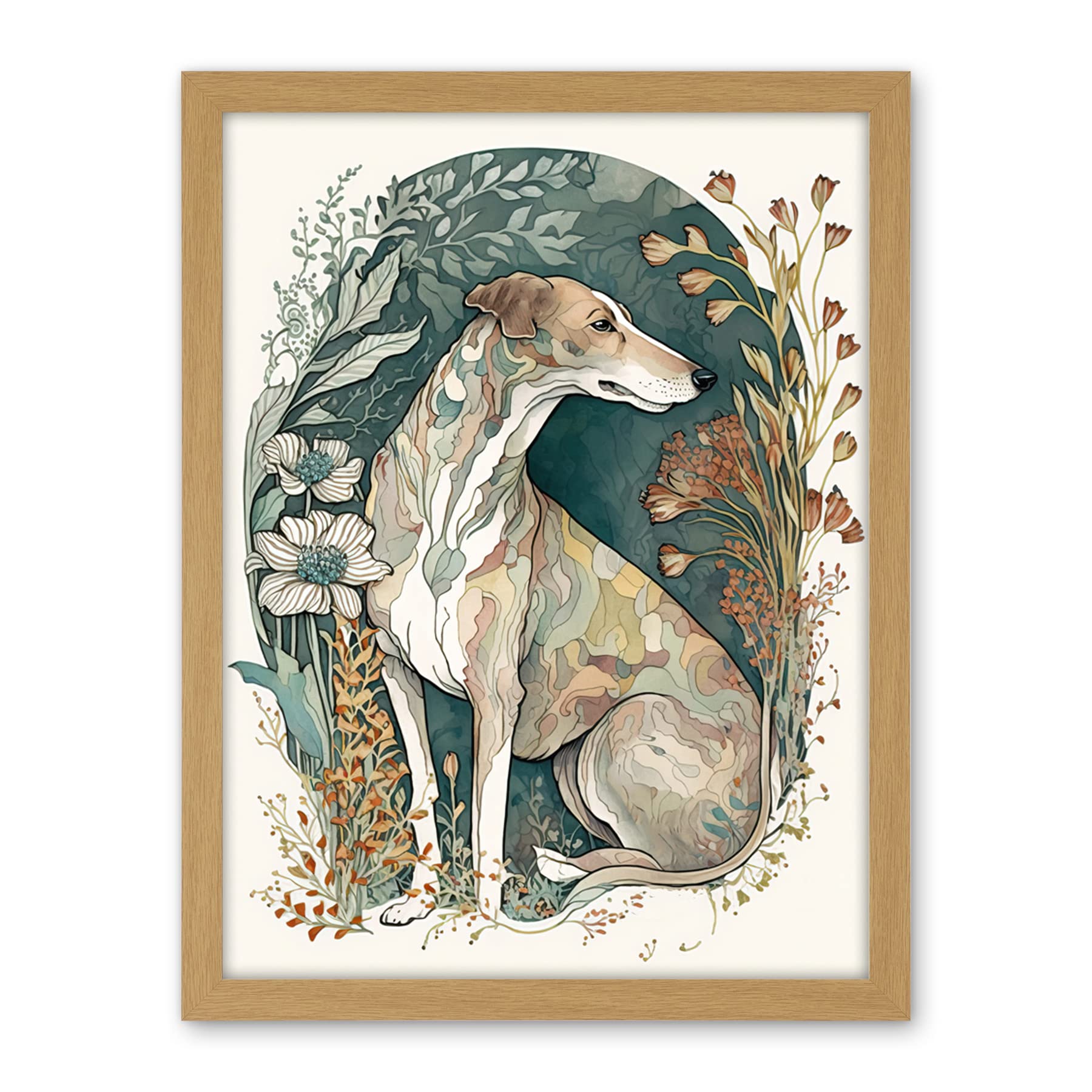 Artery8 Greyhound Dog in Flower Field Modern Pastel Boho Watercolour Illustration Artwork Framed Wall Art Print 18X24 Inch