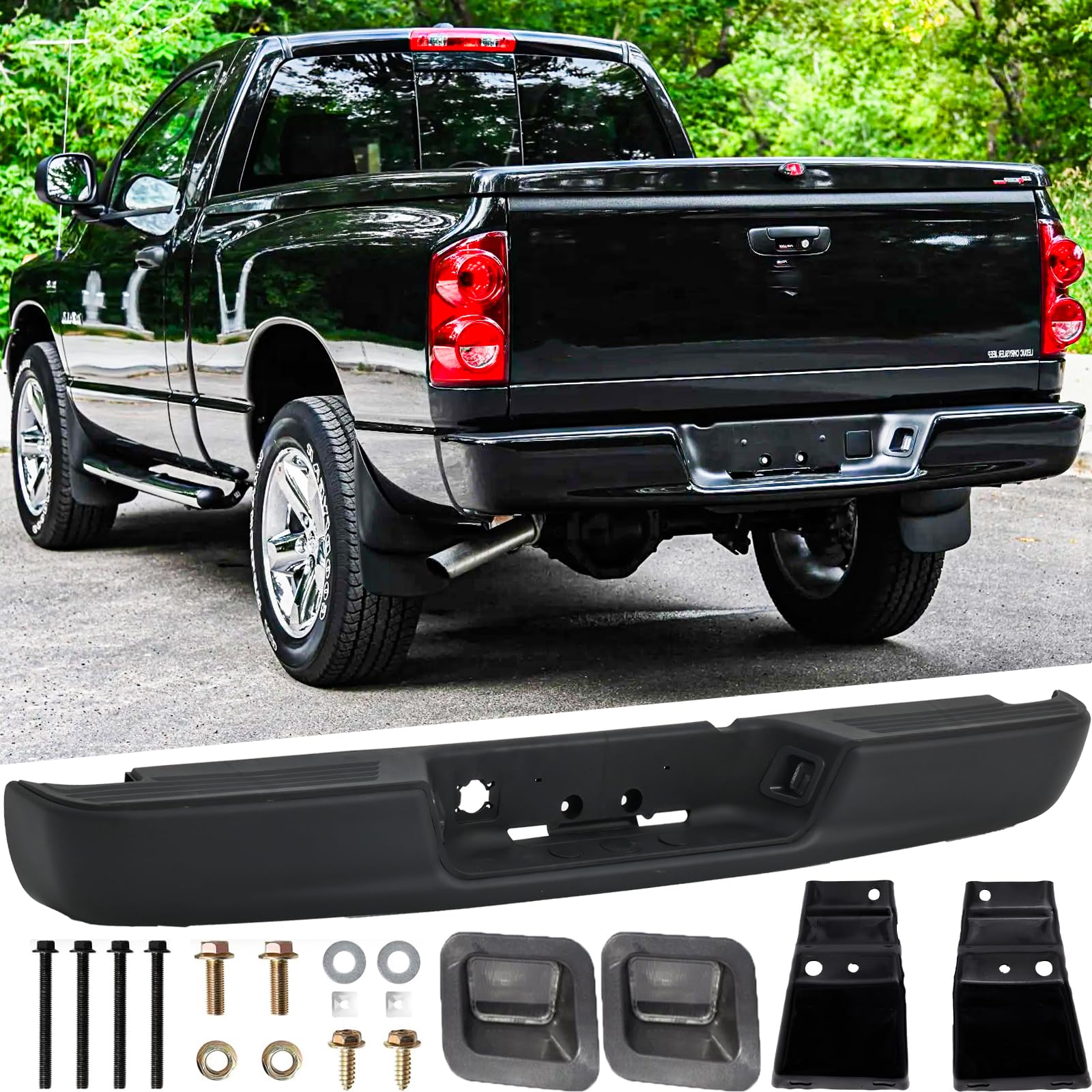 Rear Steel Step Bumper Assembly for 2002-2008 Doge Ram 1500,2003-2009 Dodge Ram 2500 3500 HD Black Back Bumper Replacement for CH1103109,with Pads Brackets and License Plate Lights