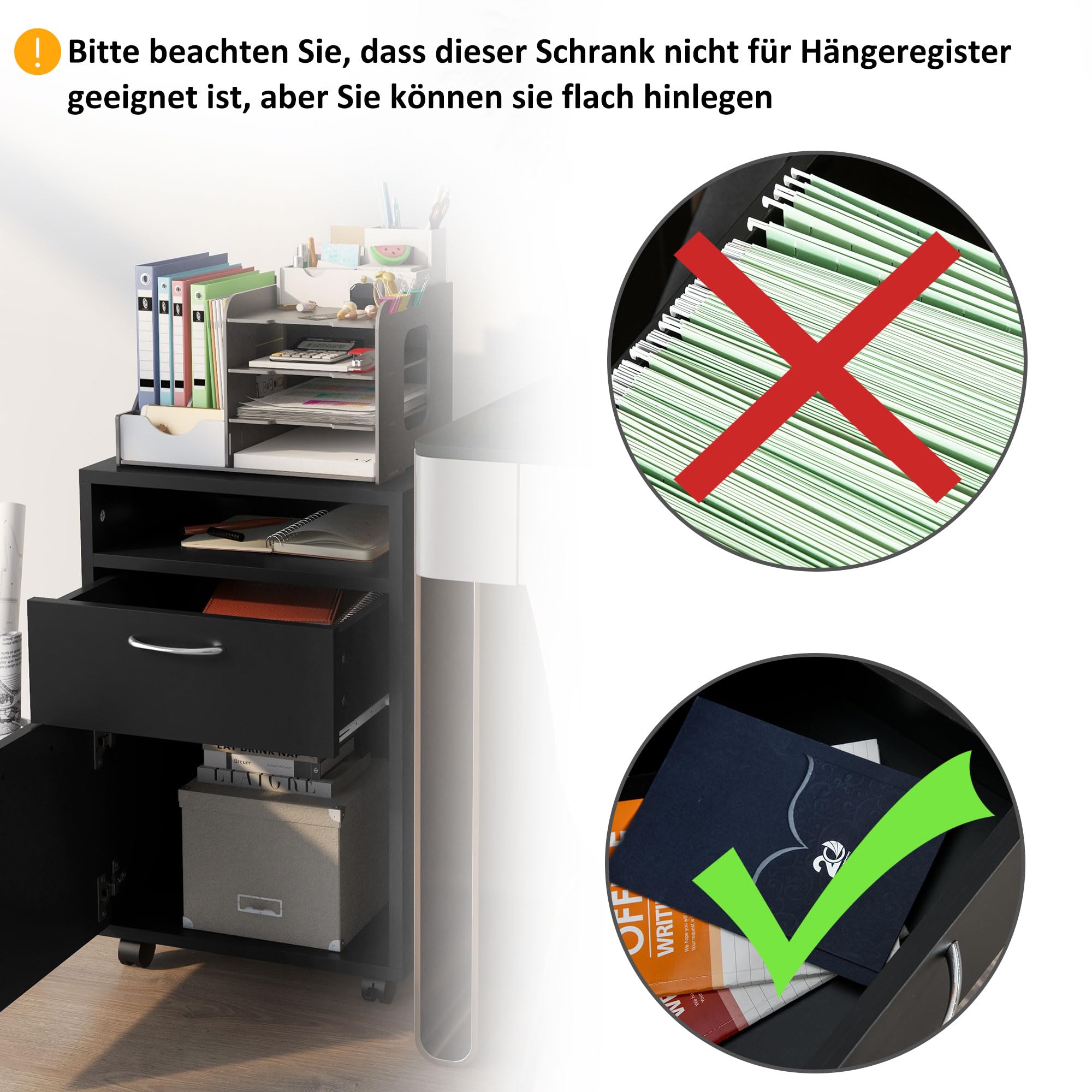 HOMCOM Rollcontainer mit 2 Schubladen mobiler Aktenschrank mit Rollen, offen Fach, Büroschrank, Bürocontainer, Schreibtisch Unterschrank für Büro, Homeoffice, 40 x 35 x 60 cm, Schwarz