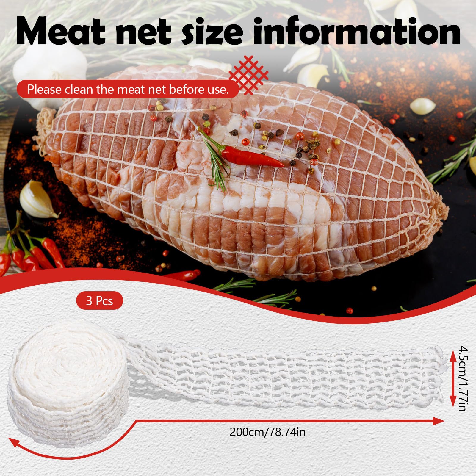 Yitexin 19.69Ft Meat Netting Roll Size 16, Butcher Twine for Meat Cooking, Elastic Cooking Twine for Smoked Ham Meat Beef Sausage Making (3 Rolls-6m)