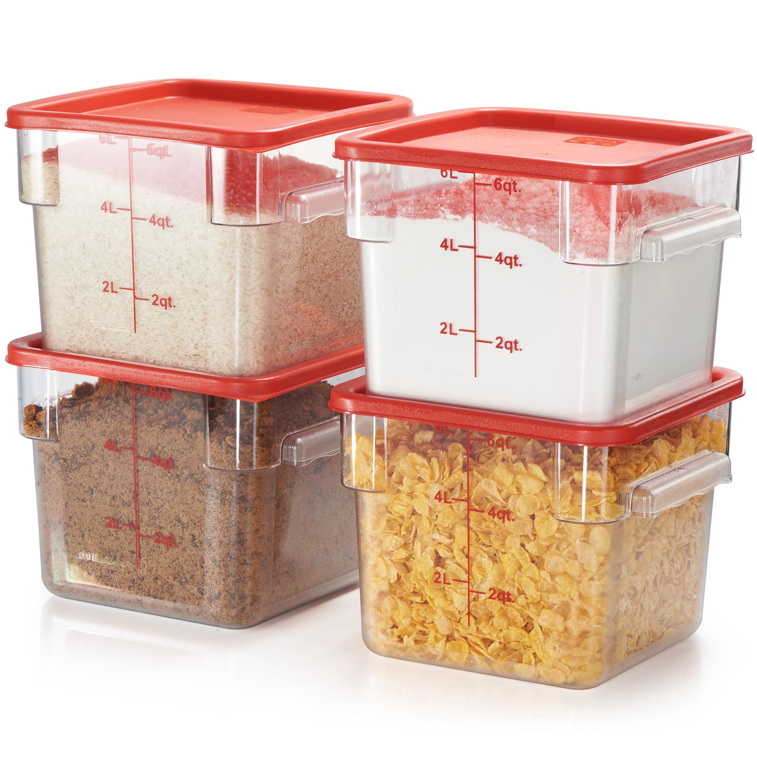 CURTA 4 Pack Food Storage Container with Red Lid - NSF Commercial Grade in 6.0 Qt - Square, Clear, Polycarbonate